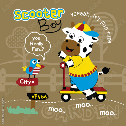 Cartoon cow riding red scooter past city and farm signpost with chatting bird and yeeaah it's fun time text in joyful outdoor play scene. Kids illustration concept
