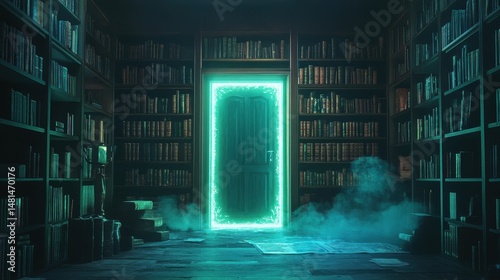 A magical door glows in a dark library filled with antique books. Great for fantasy, learning concepts, or showing a new opportunity.