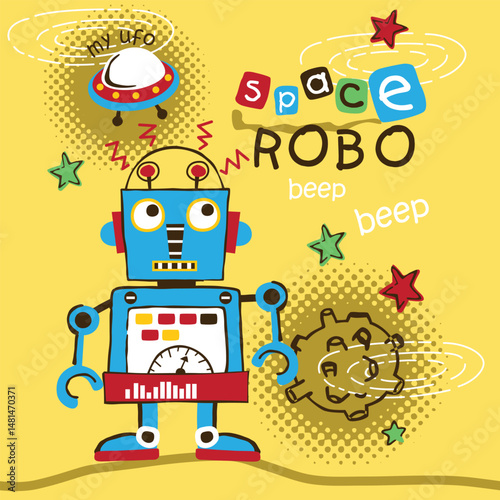 Cartoon space robot with control panel, gears, stars, and flying UFO on yellow background with robo beep text in playful futuristic scene. Technology illustration concept
