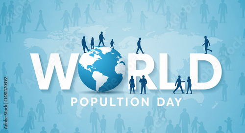 World Population Day Banner with Silhouettes of People and Globe Illustration