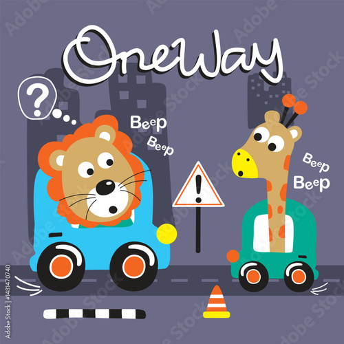 Cartoon lion and giraffe driving toy cars on city street with one way sign, traffic cone, and beep text in fun transportation learning scene. Education illustration concept
