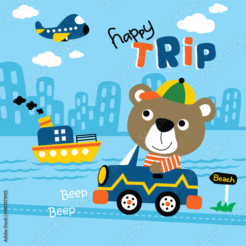 Cartoon bear driving toy car toward beach with airplane flying above and boat on water in colorful cityscape scene for cheerful vacation theme. Travel illustration concept
