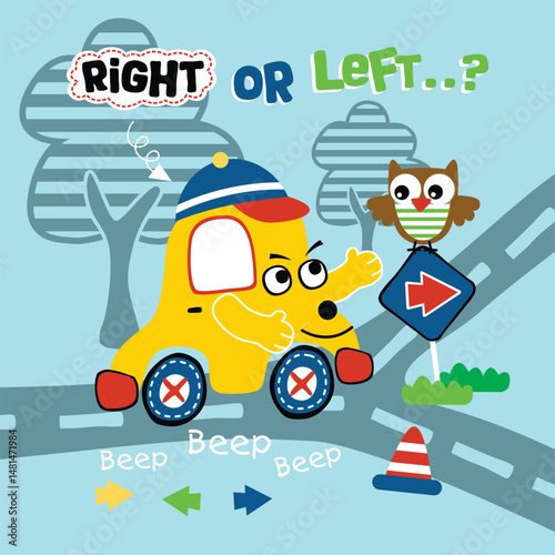 Cartoon yellow car choosing direction at road intersection with owl, traffic signs, and beep beep text in colorful and educational driving theme. Kids illustration concept
