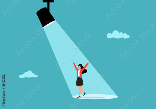 Woman in spotlight, success candidate for job vacancy, outstanding high performance employee, ambition or opportunity concept, confident outstanding businesswoman standing in bright spotlight.
