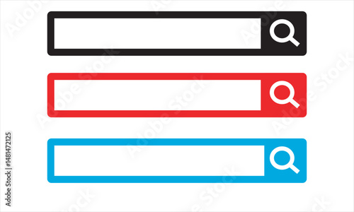 Set of Three Blank Search Bar Vectors with Magnifying Glass Icon in Black, Red, and Blue for Web Design and User Interface