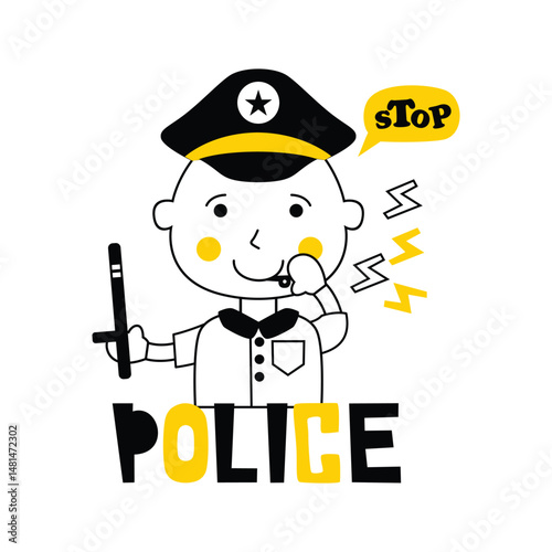 Cartoon child in police uniform holding baton with stop bubble and playful law enforcement design. Kids illustration concept
