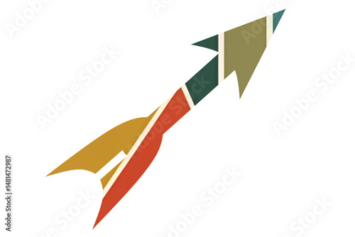 Modern abstract retro colors arrow icon composed of colorful segmented shapes in orange, yellow, green, and dark tones, symbolizing direction, navigation, and digital transformation.