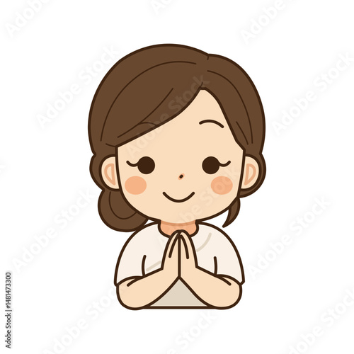 cute girl meditating in white clothes cartoon character