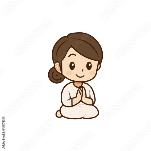 cute girl meditating in white clothes cartoon character