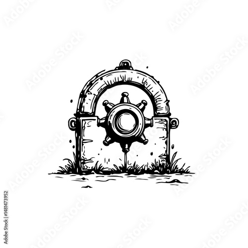 Monochromatic depiction of stylized vault door with botanical ground vegetation