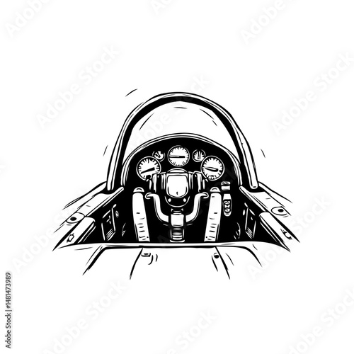 Illustration of a vintage airplane cockpit interior showcasing instrument panels and controls