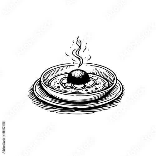 Artistic monochrome illustration of steaming food, bowl, and plate etching