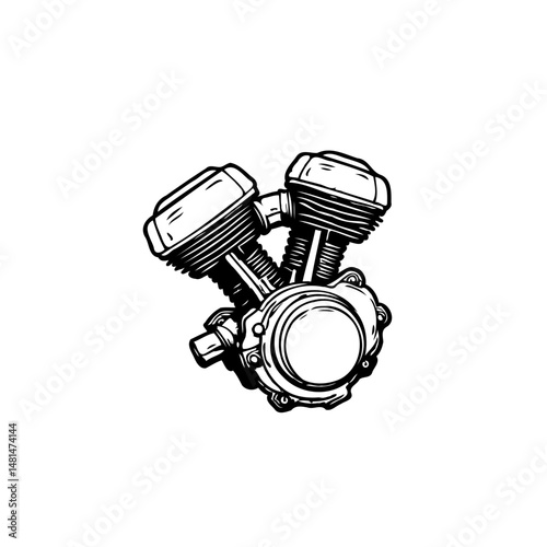 Monochrome detailed sketch representing a v-twin motorcycle engine component