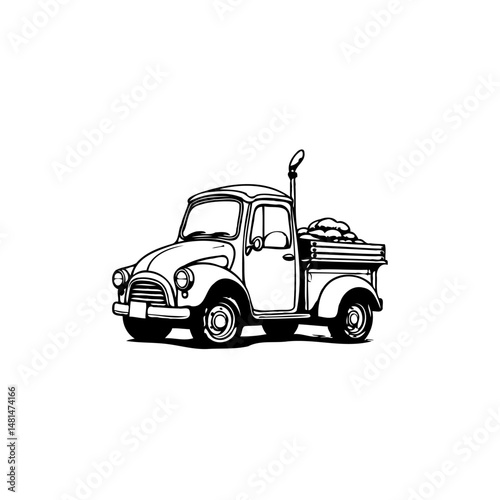 Monochromatic drawing showcasing an vintage pickup truck transporting materials