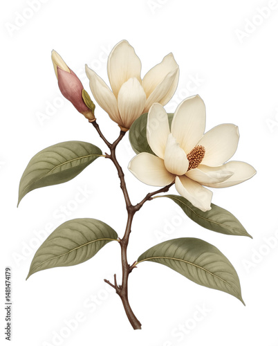 Detailed magnolia botanical illustration isolated on transparent background. Elegant flower, bud, stem in vintage natural history style. Muted cream, green palette for design, education,