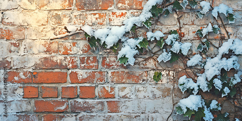 Snow-Covered Ivy on Old Brick Wall in Winter Light

