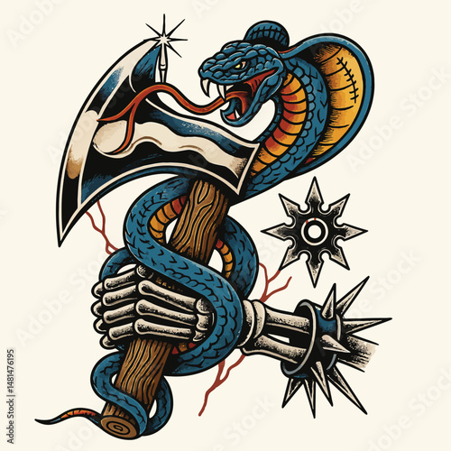 Cobra Snake Wrapping Around an Axe Tattoo Illustration with Shuriken