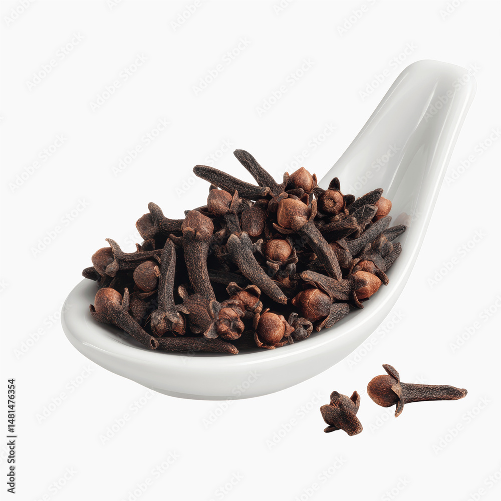 Obraz premium Aromatic Cloves in White Spoon A Culinary Spice