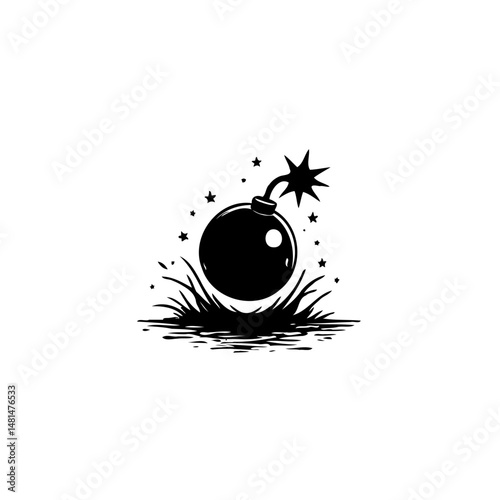 Stylized cartoon bomb icon with sparking fuse and explosion on white background