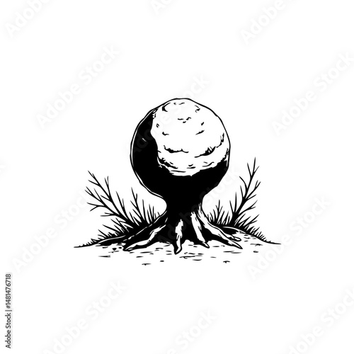 Monochrome botanical illustration of a unique tree with a spherical canopy