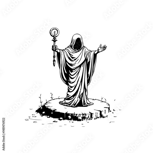 Mysterious hooded figure wielding a staff stands on a raised platform in monochrome