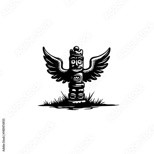 Monochrome winged totem on white backdrop evoking ancient craftsmanship
