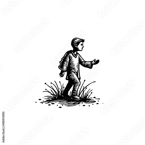 Monochrome depiction of a young boy exploring outdoors with confident stride