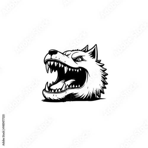 Bold monochrome wolf head illustration with open jaws, evoking strength and ferocity