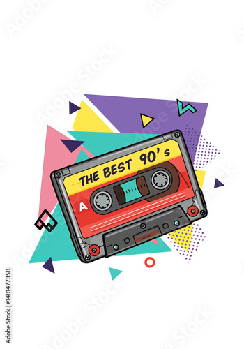 Retro aesthetic illustration of a vintage audio cassette tape with a "The Best 90's" label, surrounded by colorful geometric shapes. Nostalgic 90s design