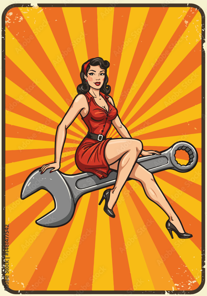 Adobe Illustrator Retro aesthetic poster illustration of a vintage pin-up style mechanic woman in a red dress sitting on a large wrench. Classic glamour and automotive theme design with a radial backg Adobe Illustrator Retro aesthetic poster illustration of a vintage pin-up style mechanic woman in a red dress sitting on a large wrench. Classic glamour and automotive theme design with a radial backg