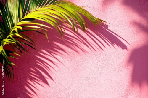 Palm frond casting shadow on a textured pink wall in bright sunlight day