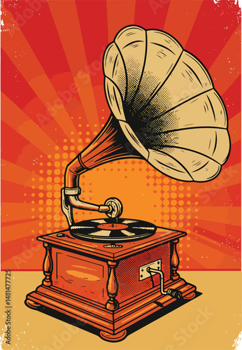 Adobe Illustrator Artwork Retro aesthetic poster illustration of a vintage gramophone with a record playing. Classic music and old-fashioned technology design with a textured background