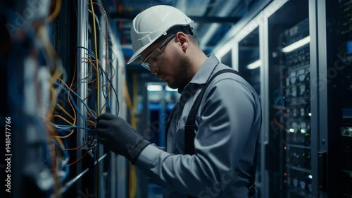 Professional electrician wearing protective gear connecting network cables in server room, managing complex technological infrastructure with precision