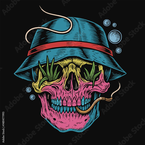 Skull with Hat Smoking Pipe with Plants Growing in Eye Sockets