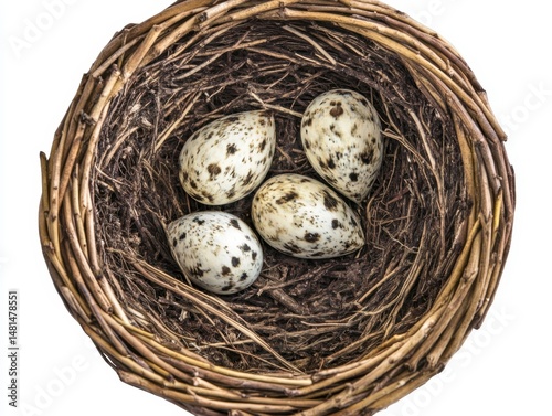 Four speckled eggs resting in a woven bird nest overhead studio shot on white background representing spring and new life