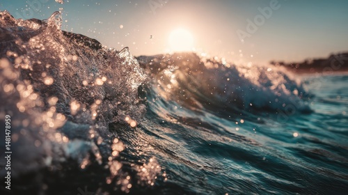 A powerful ocean wave crashes under the warm glow of the setting sun, capturing the motion and beauty of the sea at sunset from a low, close-up perspective.
