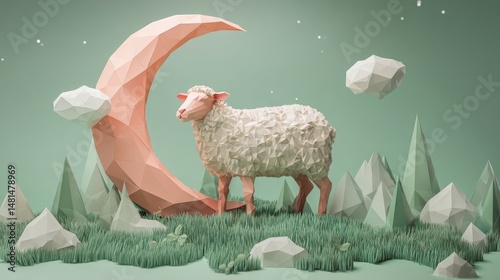 Serene Low-Poly Sheep Underneath Crescent Moon
