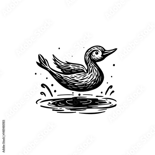 Monochrome duck illustration gracefully skimming across rippling water surface