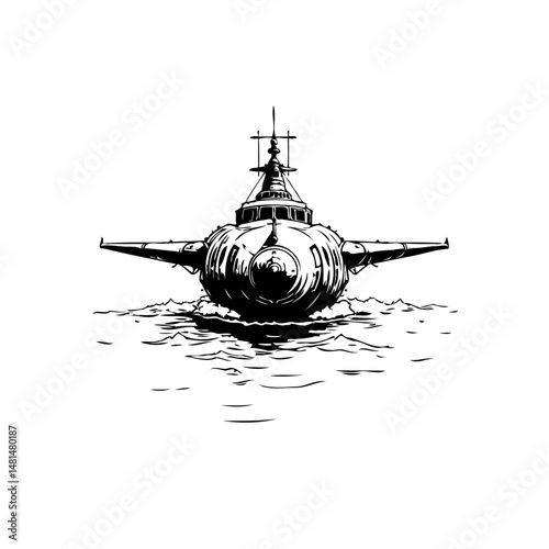 Monochrome linework showcases submarine emerging from water conveying stealth