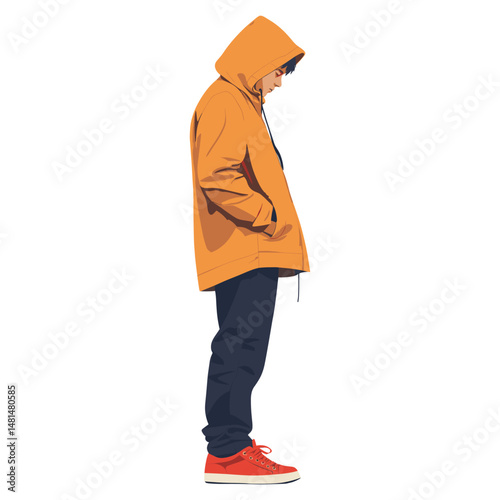 A young man in a burnt orange hooded parka illustration sneakers profile vector