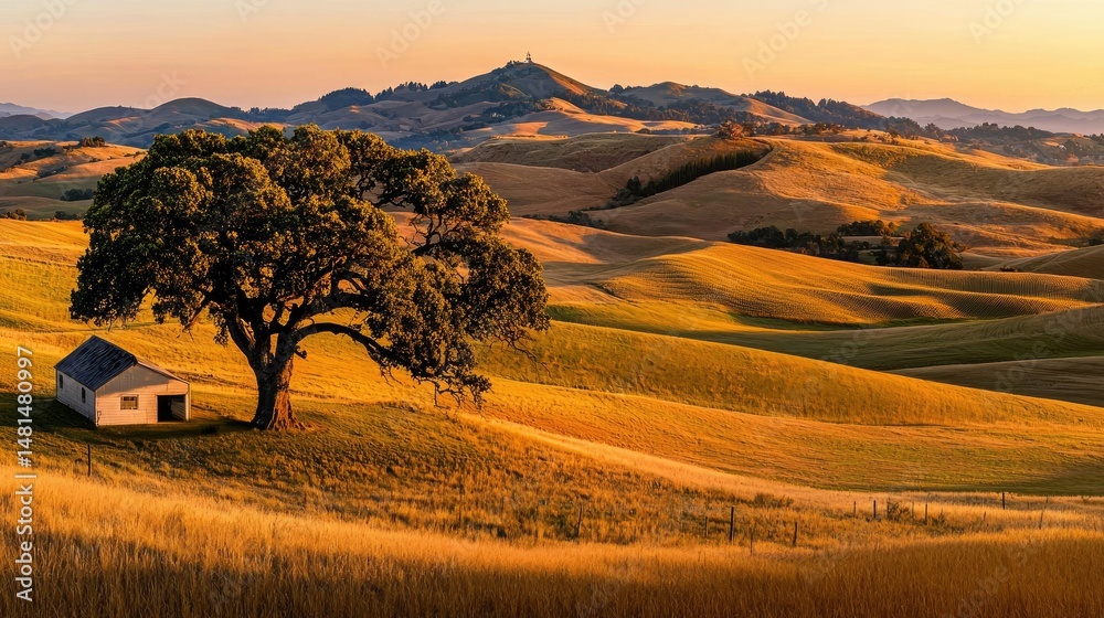 Fototapeta premium Beautiful landscape featuring a tree building and rolling grassy hills
