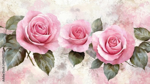Three pink roses watercolor painting floral arrangement romantic art illustration soft pastel colors