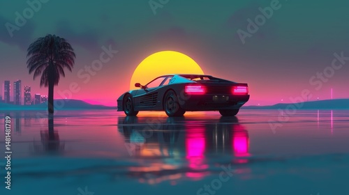 Retro Sunset: 80s Sports Car by the Ocean