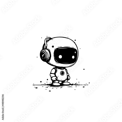 Monochromatic charming futuristic cartoon robot illustration in a clean style