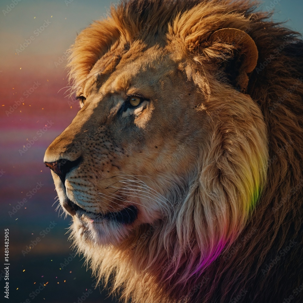 Naklejka premium Warm Lion Illustration with Bold Rainbow Line Effects.