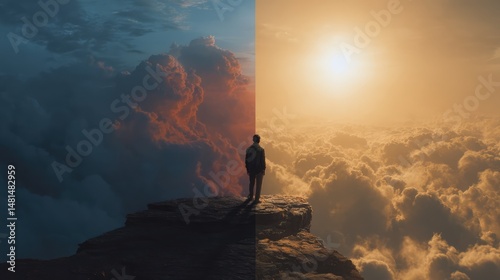 Wallpaper Mural 
A person stands on a cliff between night and day, surrounded by dramatic clouds, with one side bathed in moonlight and the other glowing in golden sunlight above the clouds. Torontodigital.ca