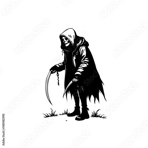 Eerie depiction of spectral figure wielding scythes in stark monochromatic art