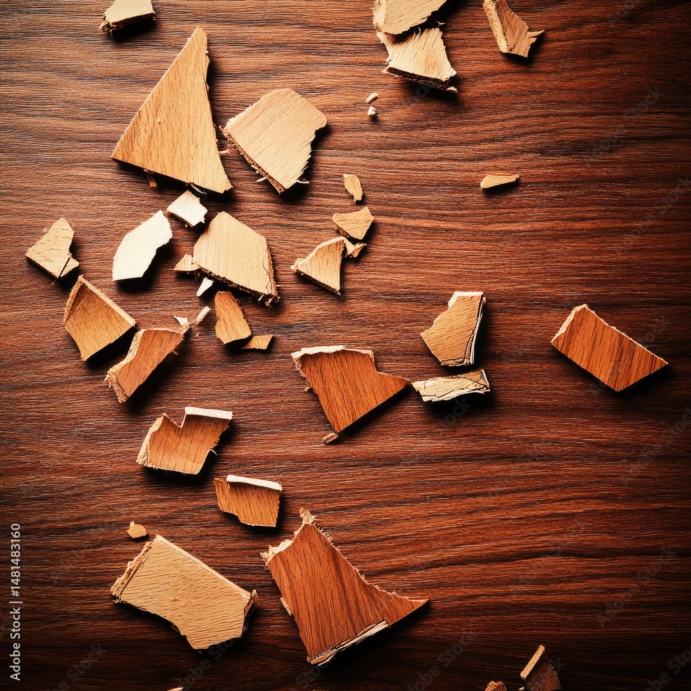 Broken laminate flooring pieces scattered on a wooden surface. Pieces of laminate are shattered and strewn across a dark-brown wooden floor Broken laminate flooring pieces scattered on a wooden surface. Pieces of laminate are shattered and strewn across a dark-brown wooden floor