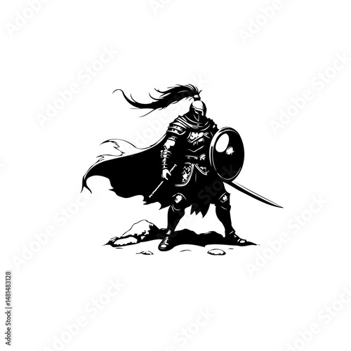 Solitary warrior illustration amidst a bleak landscape, poised for upcoming combat