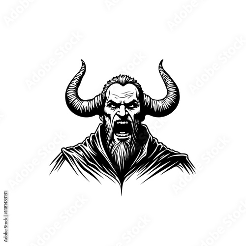 Monochrome illustration of a horned humanoid with a threatening expression